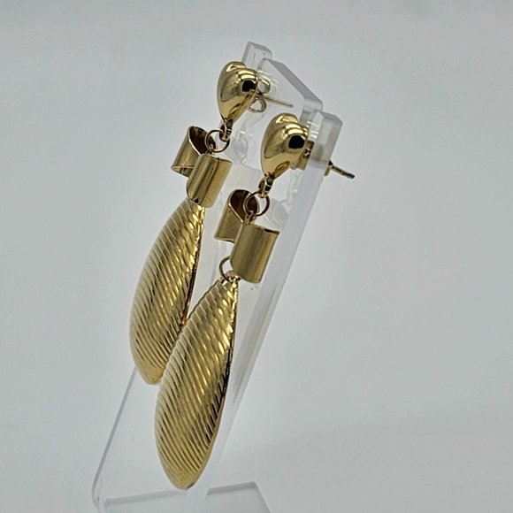 Gold Tone Heart Bow Dangle Teardrop Earrings 2" Drop Super Cute F15 - Picture 5 of 6